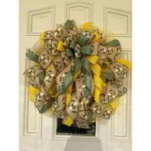 Honey Bee Ribbon Mesh Spring Summer Wreath, Farmhouse Front Door Hanger